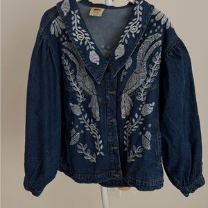 Farm Rio Blue Jean Jacket with White Embroidery